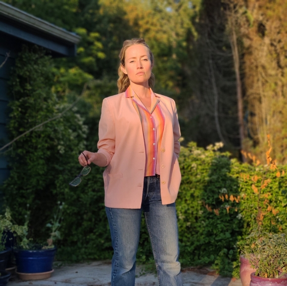 Vintage 80s Pink Linen Blazer w/ Shoulder Pads - Picture 7 of 9